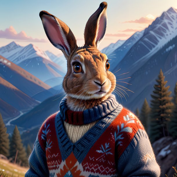 Drawing of a hare in a sweater in the mountains