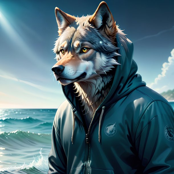 Ilustración de un lobo en una sudadera con capucha en el mar