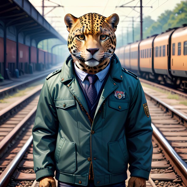 Ilustración de un jaguar en la chaqueta sobre las vías del ferrocarril