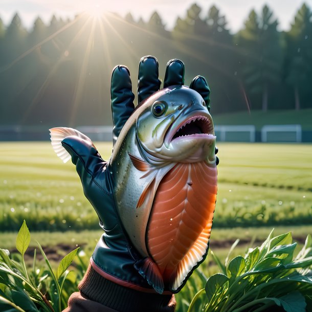 Image of a salmon in a gloves on the field