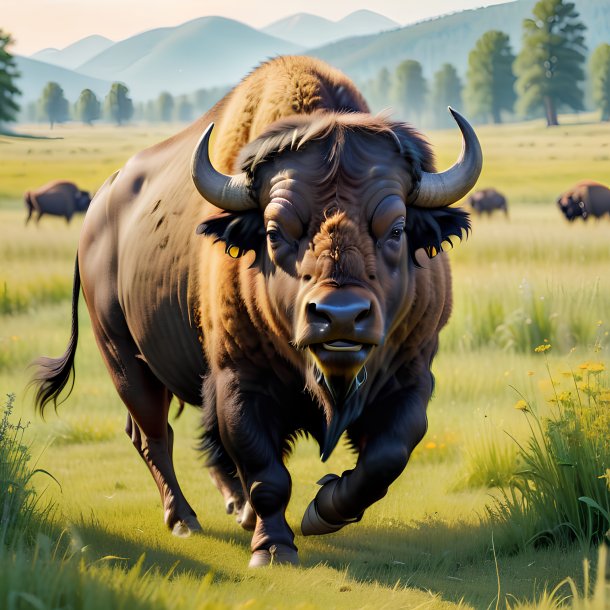 Photo of a dancing of a buffalo in the meadow