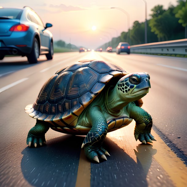 Imagen de una tortuga en un zapato en la carretera