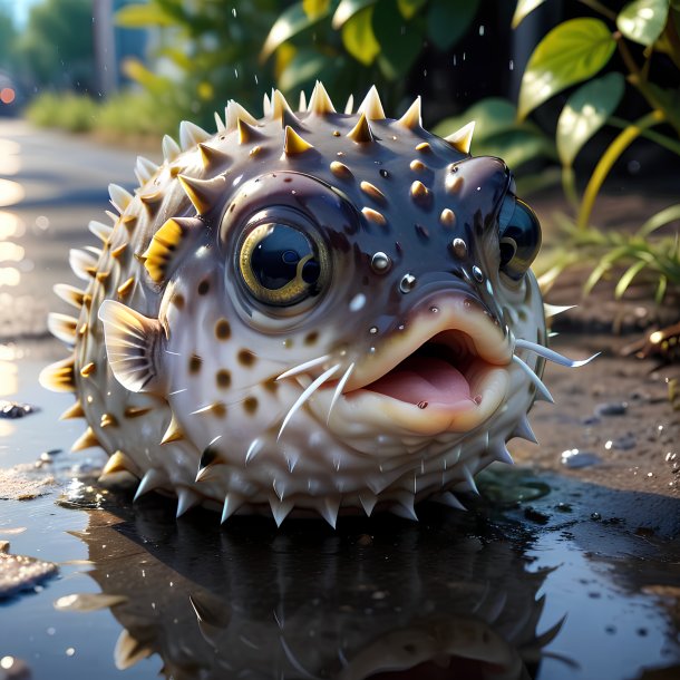 Picture of a eating of a pufferfish in the puddle