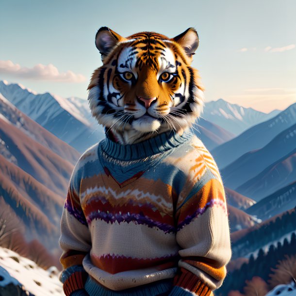 Image of a tiger in a sweater in the mountains