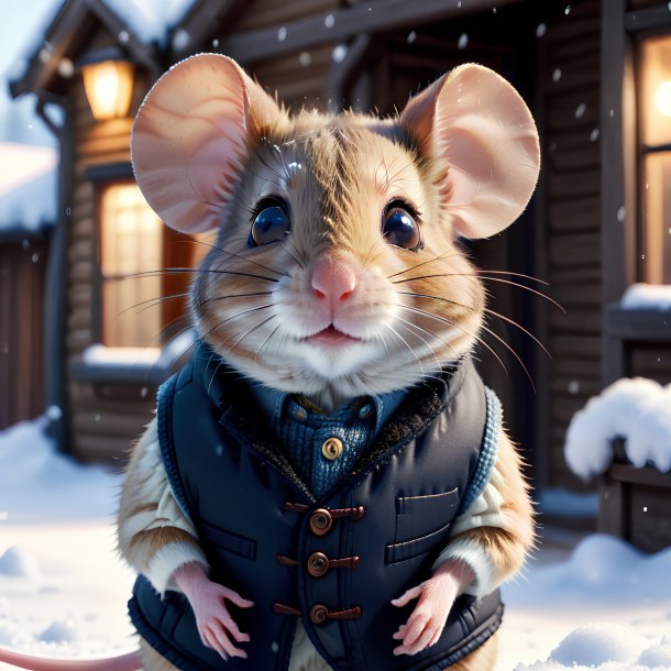 Image of a mouse in a vest in the snow