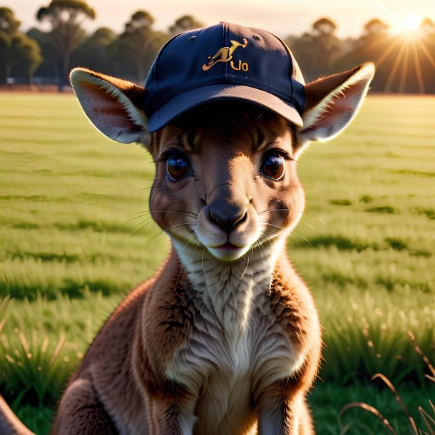 Imagem de um canguru em um boné no campo