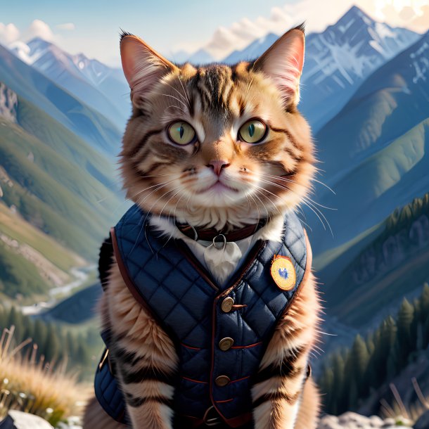 Imagem de um gato em um colete nas montanhas