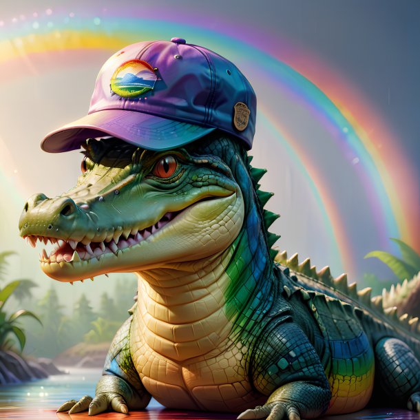 Dessin d'un crocodile dans une casquette sur l'arc-en-ciel