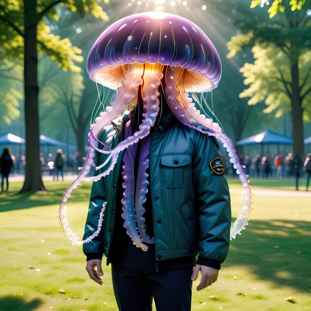 Image of a jellyfish in a jacket in the park