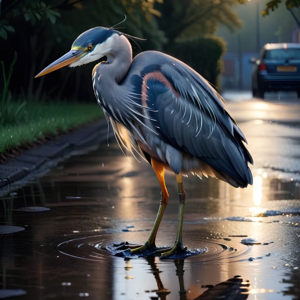 Pic of a heron in a coat in the puddle