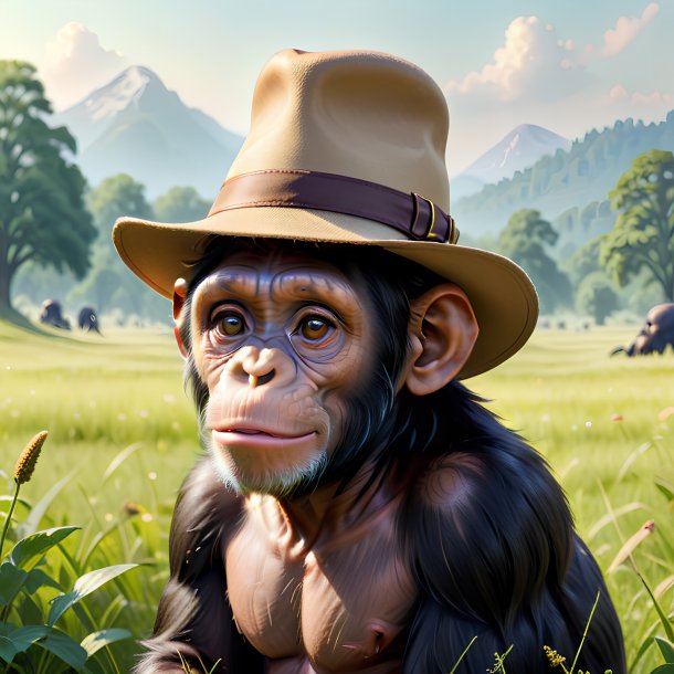 Image of a chimpanzee in a hat in the meadow