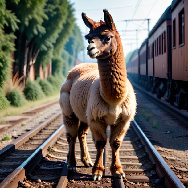 Foto de um comer de uma lhama nos trilhos ferroviários