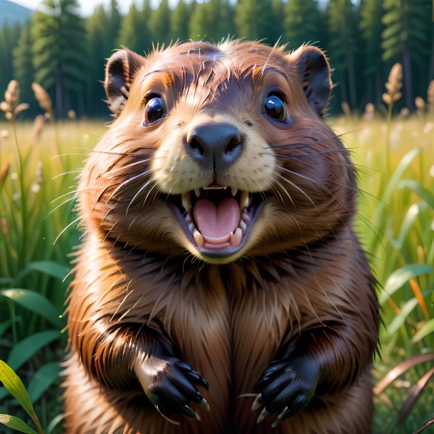 Picture of a smiling of a beaver in the meadow