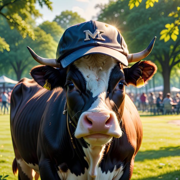 Imagen de una vaca en un gorro en el parque