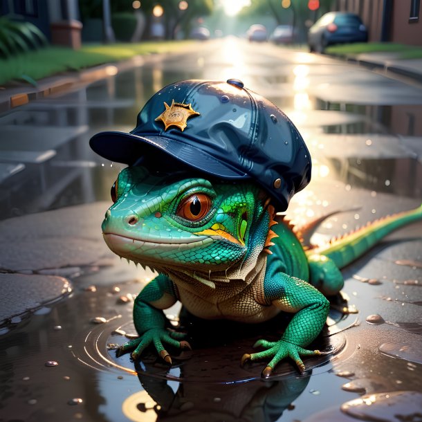 Illustration of a lizard in a cap in the puddle