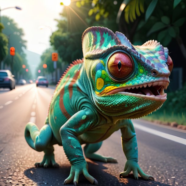 Uma foto de um camaleão irritado na estrada