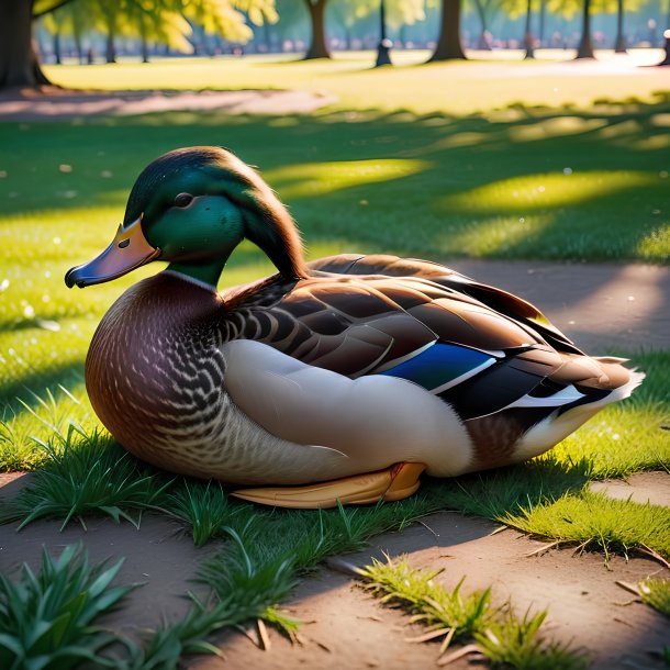 Photo of a sleeping of a duck in the park