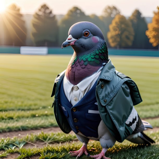 Foto de um pombo em uma jaqueta no campo