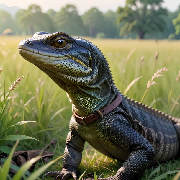 Imagem de um lagarto monitor em um cinto no prado