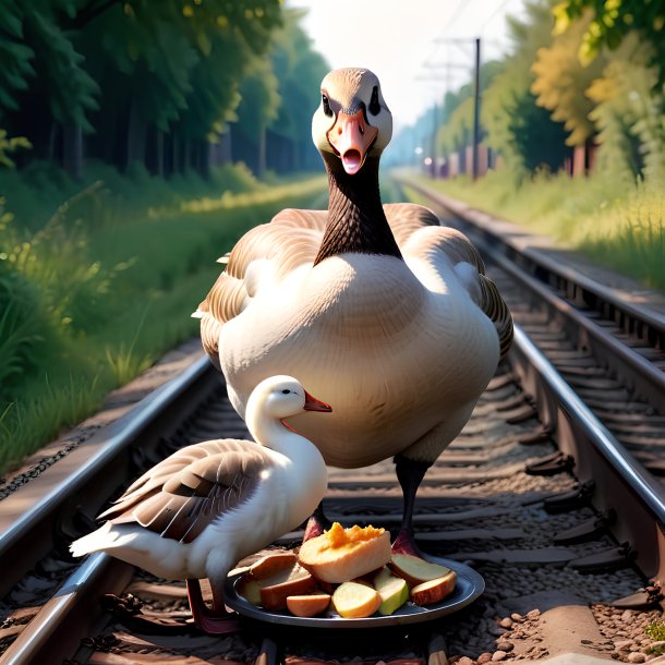 Imagen de un comer de un ganso en las vías del ferrocarril