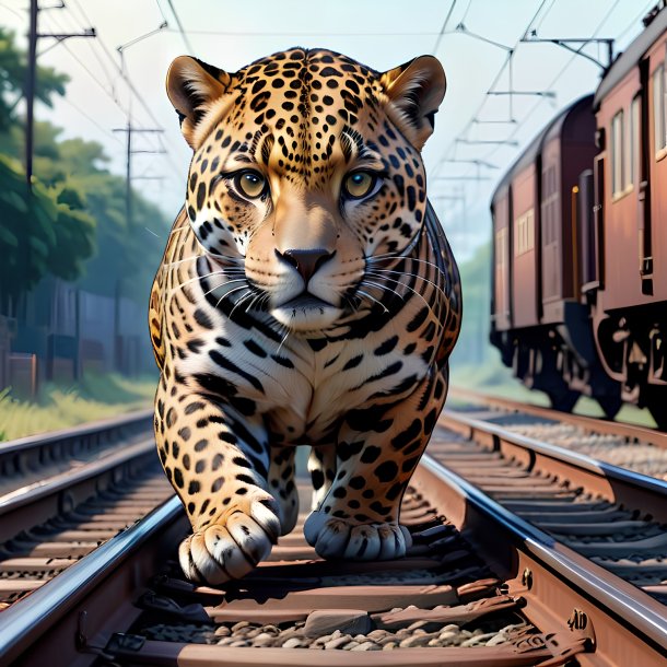 Drawing of a jaguar in a belt on the railway tracks