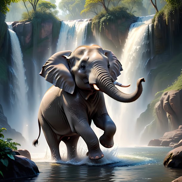 Photo of a dancing of a elephant in the waterfall