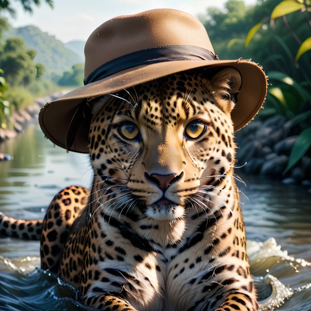 Pic of a leopard in a hat in the river