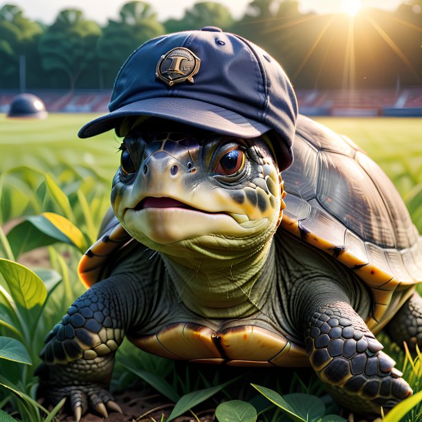 Photo of a turtle in a cap on the field