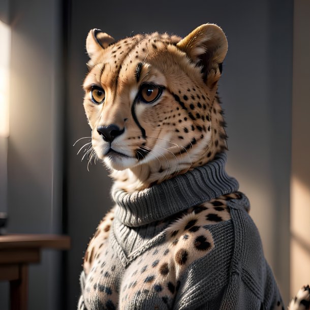 Picture of a cheetah in a gray sweater