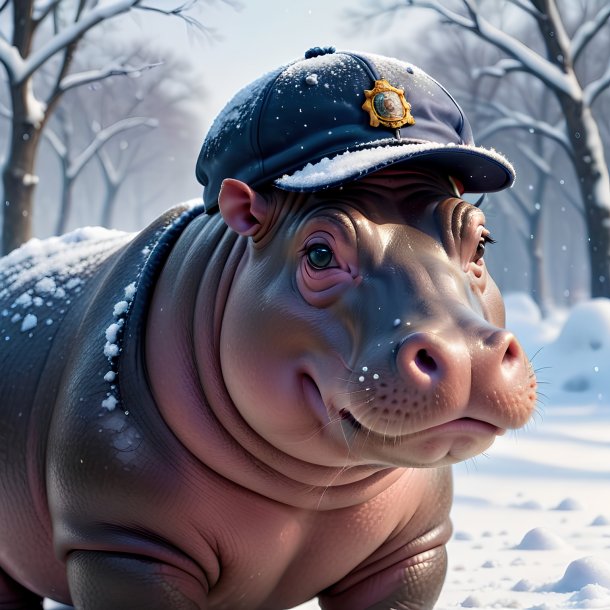 Pic of a hippopotamus in a cap in the snow