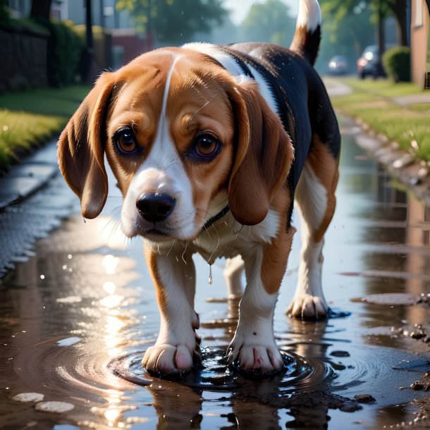 Pic of a drinking of a beagle in the puddle