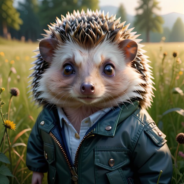 Pic of a hedgehog in a jacket in the meadow