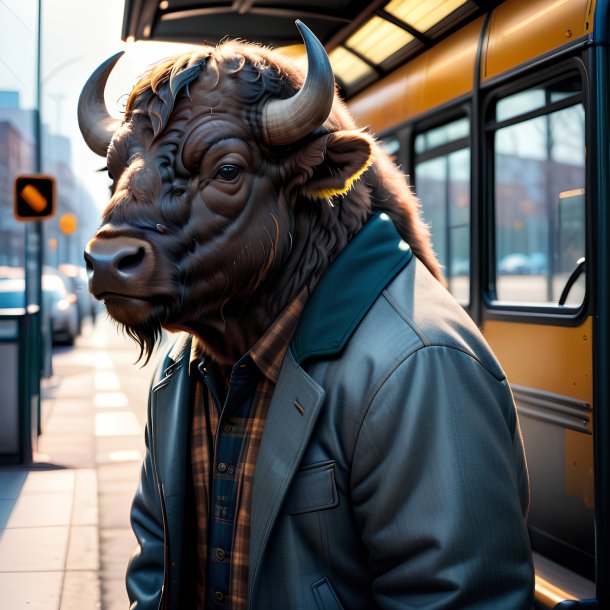 Foto de um búfalo em uma jaqueta no ponto de ônibus