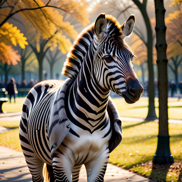 Photo of a zebra in a coat in the park