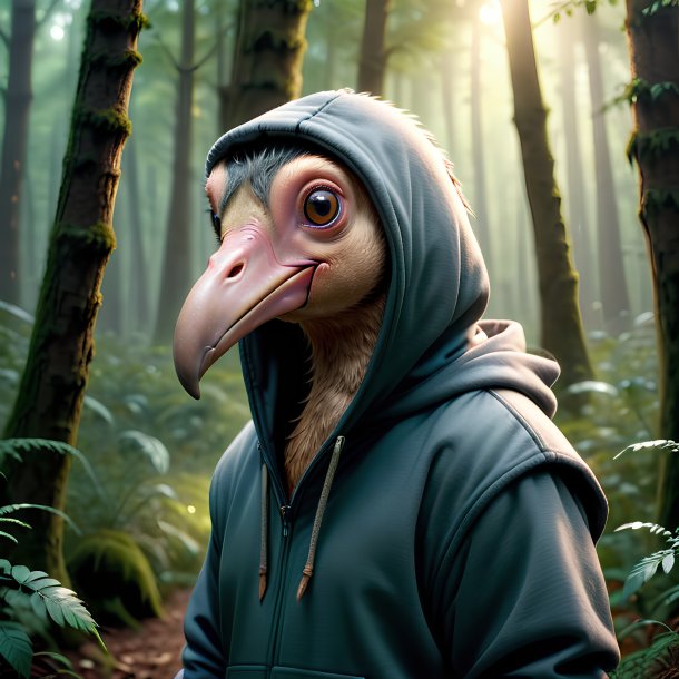 Photo of a dodo in a hoodie in the forest