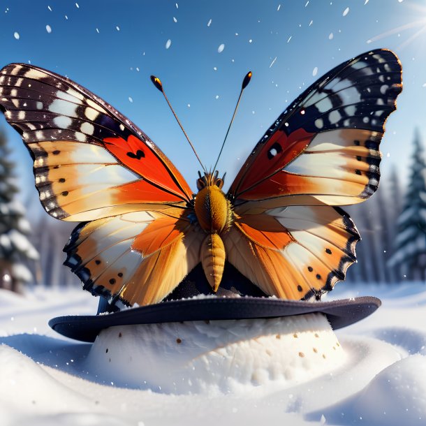 Photo of a butterfly in a hat in the snow