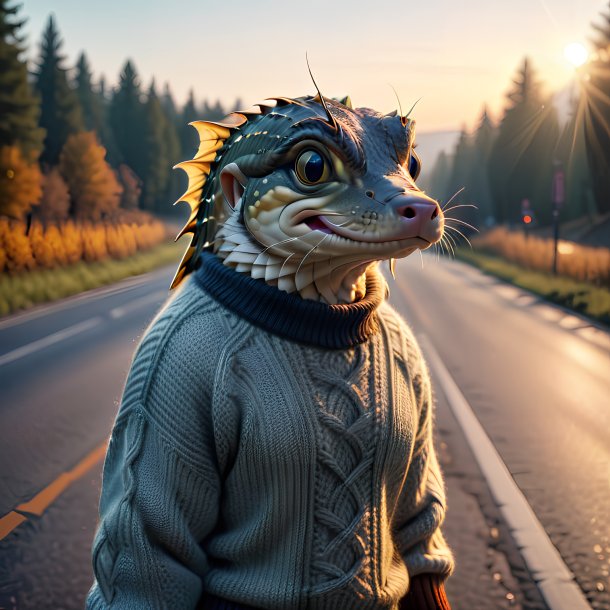 Photo of a pike in a sweater on the road