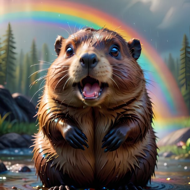 Pic of a crying of a beaver on the rainbow