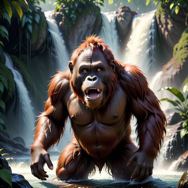 Photo of a threatening of a orangutan in the waterfall