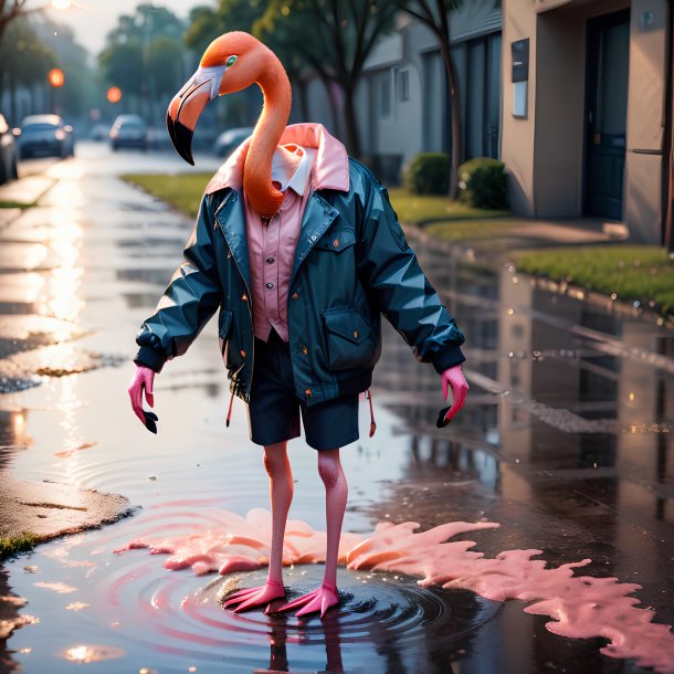 Imagem de um flamingo em uma jaqueta na poça