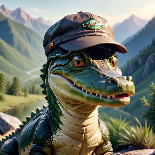 Image of a alligator in a cap in the mountains