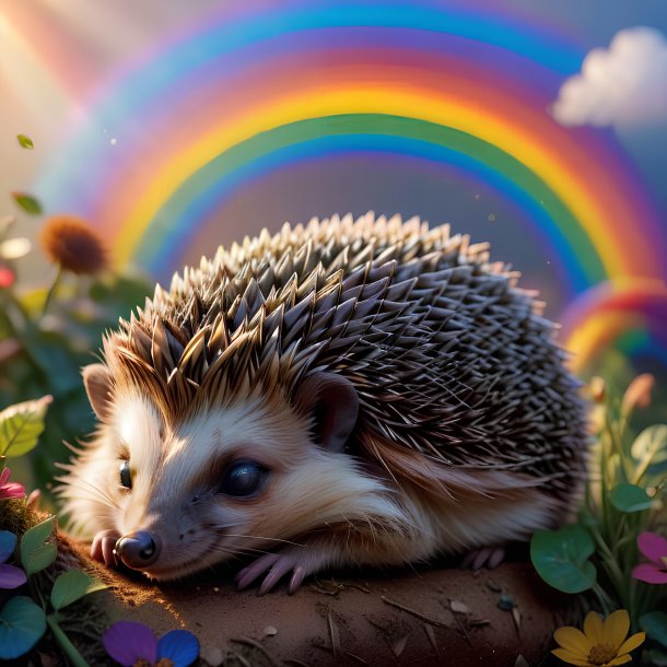 Photo of a sleeping of a hedgehog on the rainbow