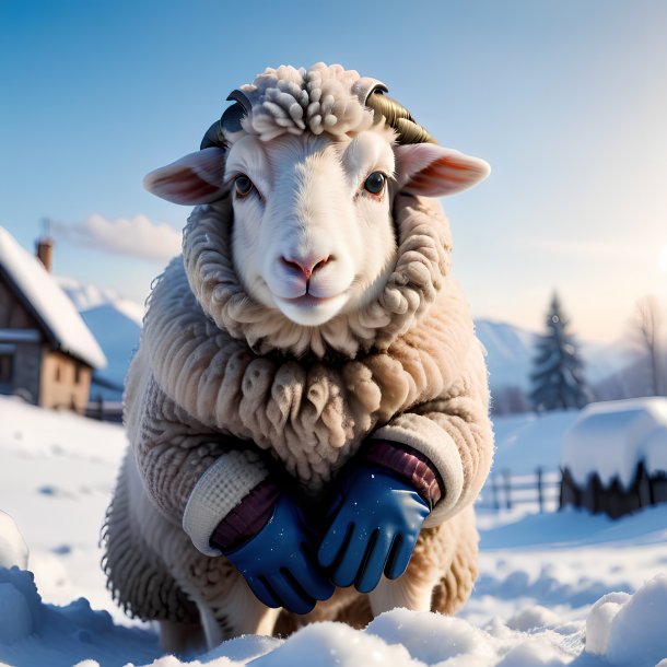 Photo of a sheep in a gloves in the snow