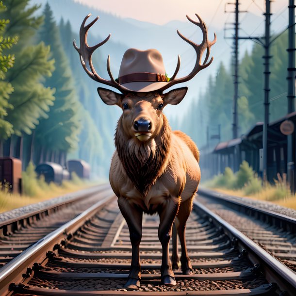 Picture of a elk in a hat on the railway tracks