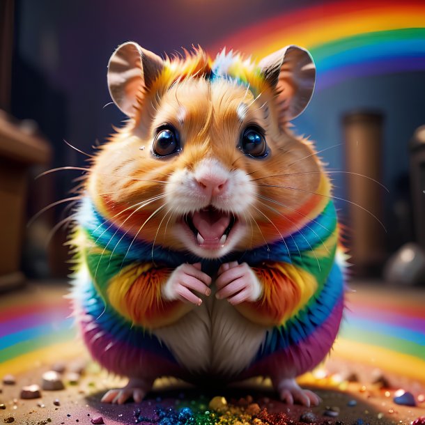 Photo d'une colère d'un hamster sur l'arc-en-ciel