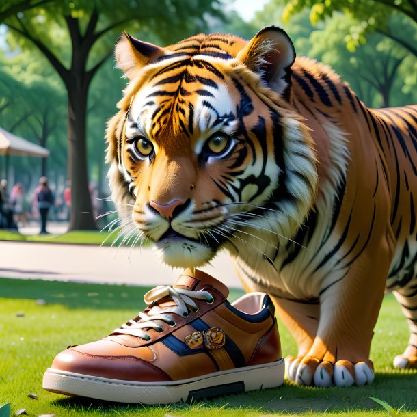 Foto de um tigre em um sapato no parque