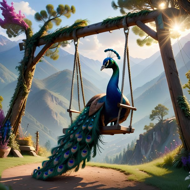 Image of a swinging on a swing of a peacock in the mountains