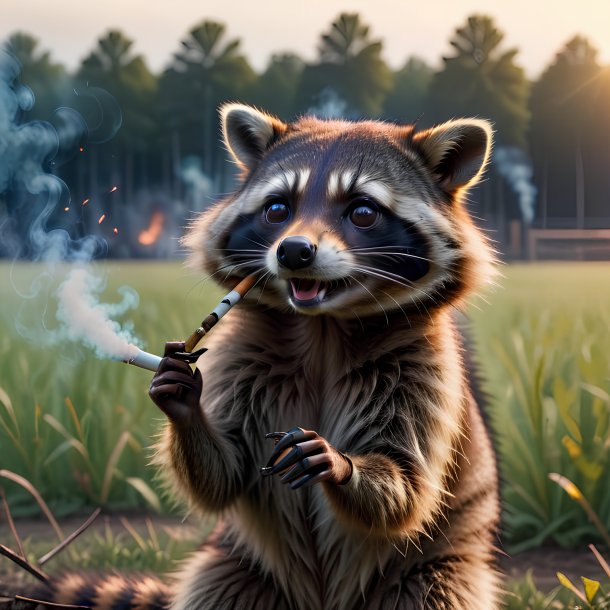 Picture of a smoking of a raccoon on the field