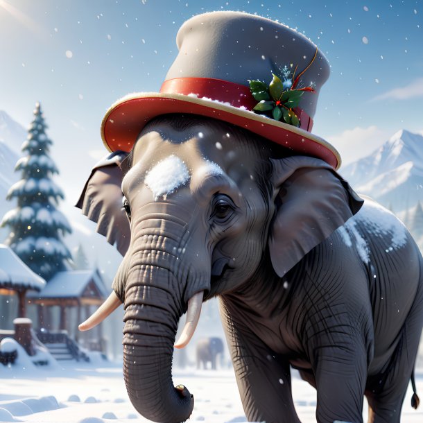 Picture of a elephant in a hat in the snow