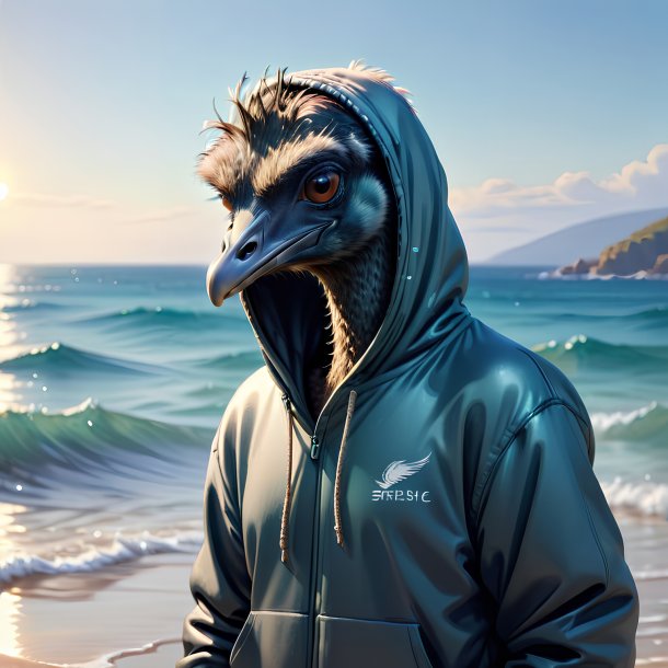 Dibujo de un emu en una sudadera con capucha en el mar